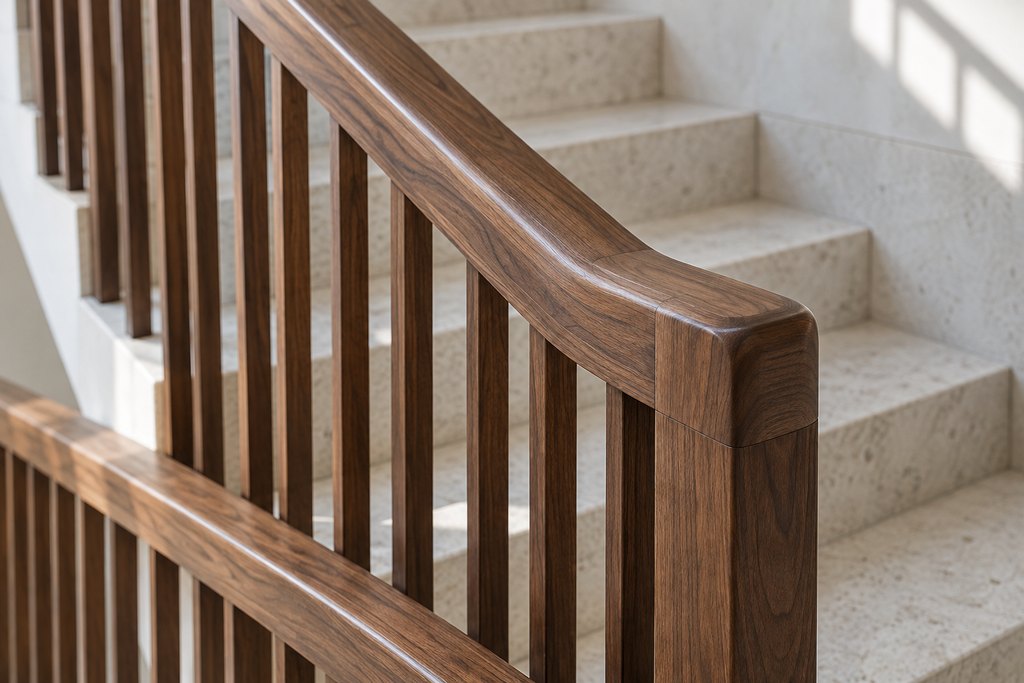 Broad hardwood rail and vertical infill beside stone stairs, concept detail